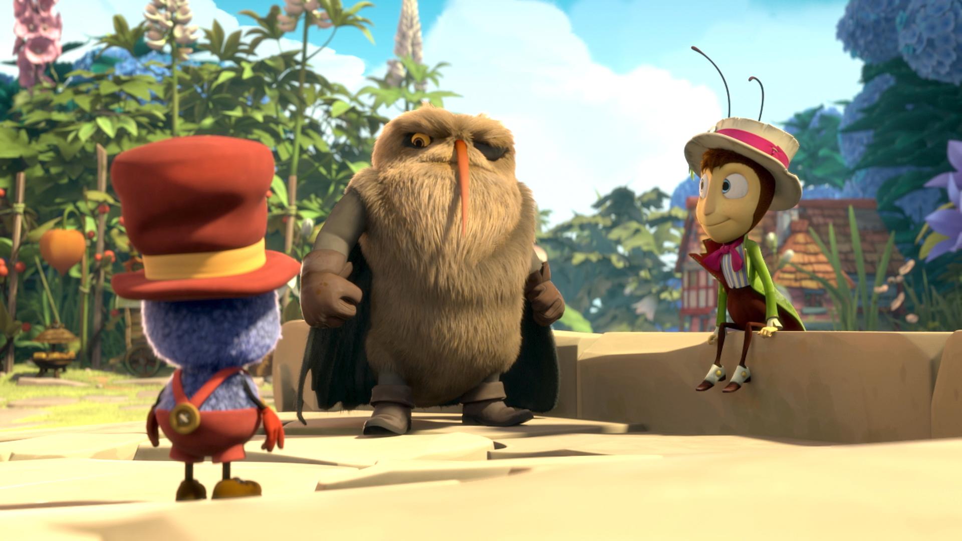 Laus Klaus (links) und Grille Gregor (rechts) reden mit Motte Sphynx (Mitte).