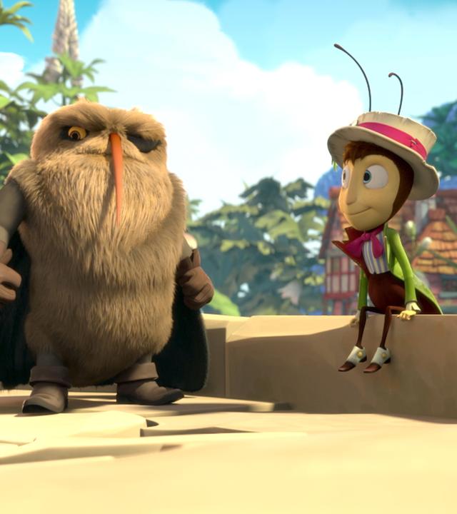 Laus Klaus (links) und Grille Gregor (rechts) reden mit Motte Sphynx (Mitte).