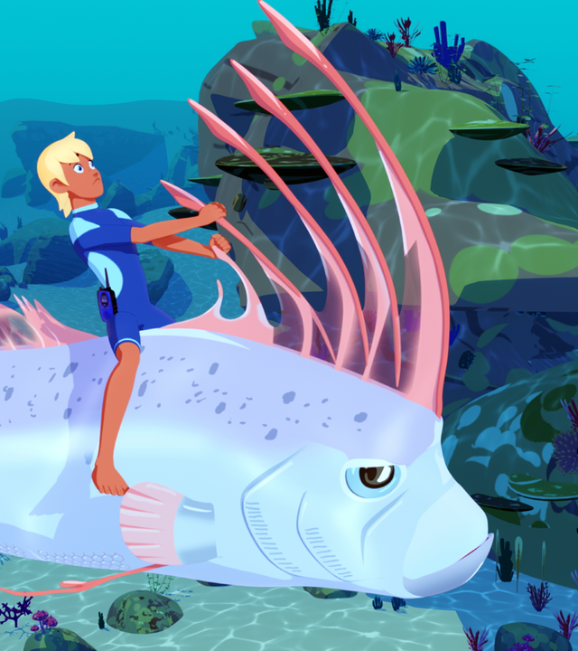 Yann klammert sich an einer Rückenflosse des aalförmigen Seeungeuers fest.