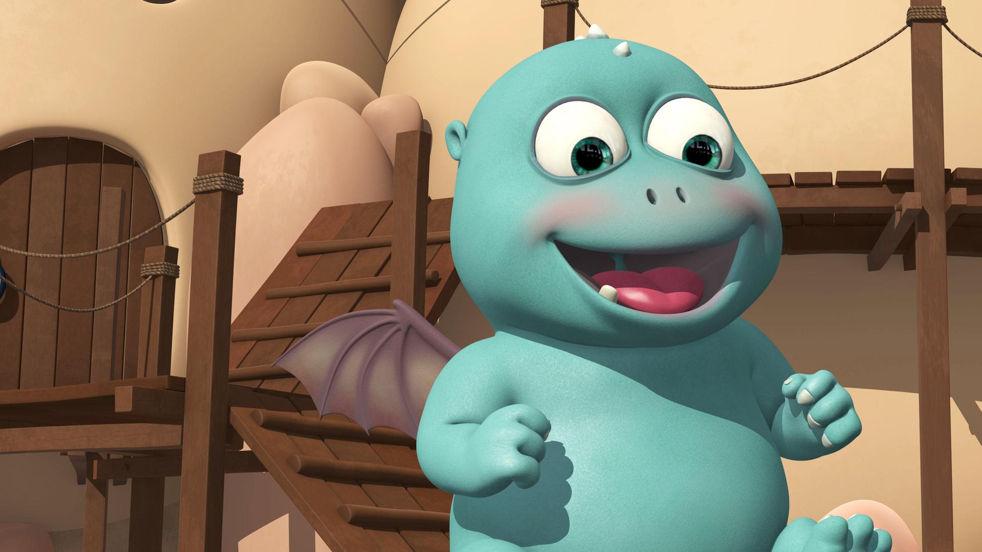 Oh weia, das Superbaby bereitet Kokosnuss beim Babysitten Probleme. Es sitzt lachend mit einem nur einem Zahn im Mund auf dem Boden.