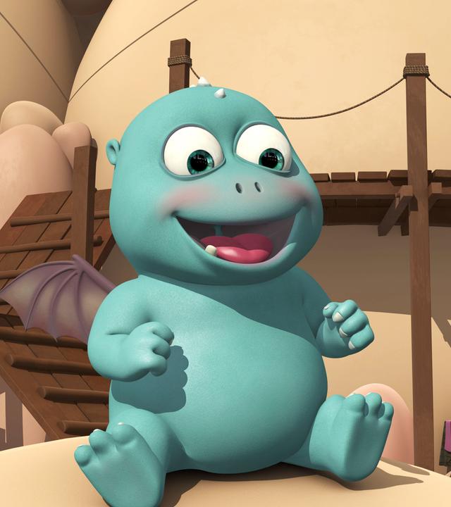 Oh weia, das Superbaby bereitet Kokosnuss beim Babysitten Probleme. Es sitzt lachend mit einem nur einem Zahn im Mund auf dem Boden.