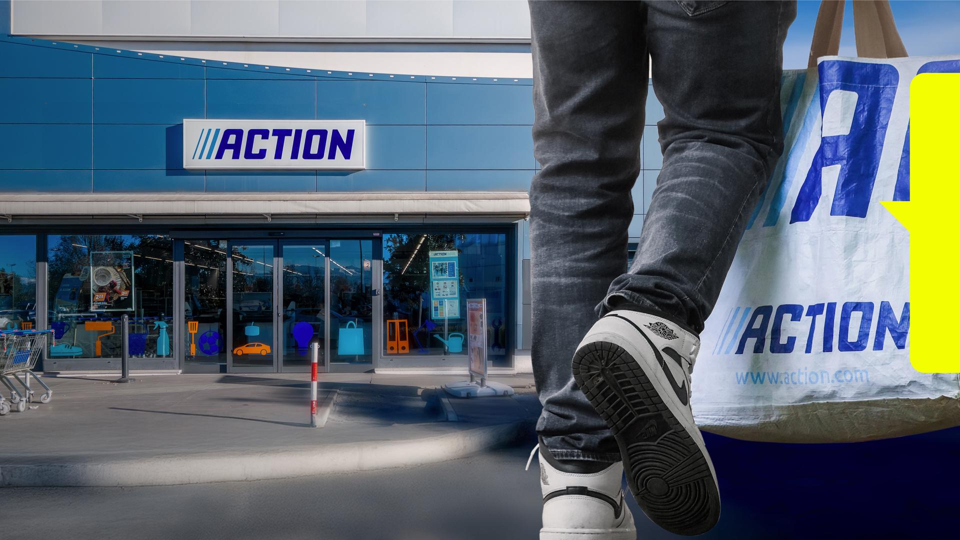 Collage: Eingang eines Action-Discounters links, rechts ein Mann trägt eine Action-Tüte