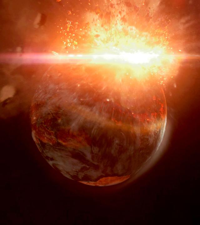 Computeranimation. Ein Planet und ein Meteorit stoßen zusammen. Eine Explosion lässt Steinbrocken zurück ins All fliegen.
