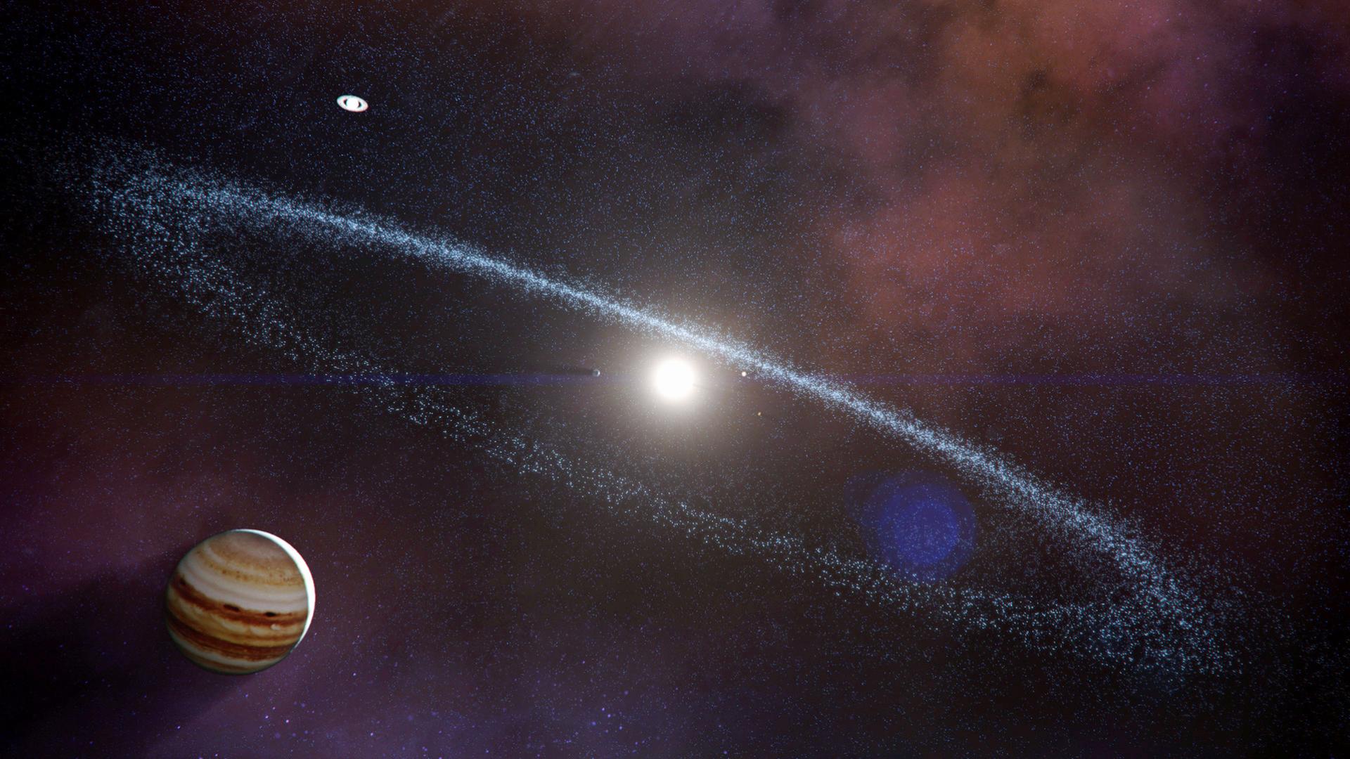"Das Universum - Eine Reise durch Raum und Zeit: Am Rande des Sonnensystems": Grafik: Asteroidengürtel mit der Sonne als Mittelpunkt. Jupiter im Vordergrund.