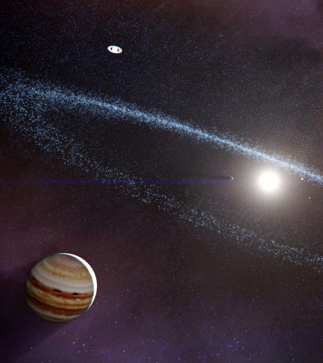 "Das Universum - Eine Reise durch Raum und Zeit: Am Rande des Sonnensystems": Grafik: Asteroidengürtel mit der Sonne als Mittelpunkt. Jupiter im Vordergrund.