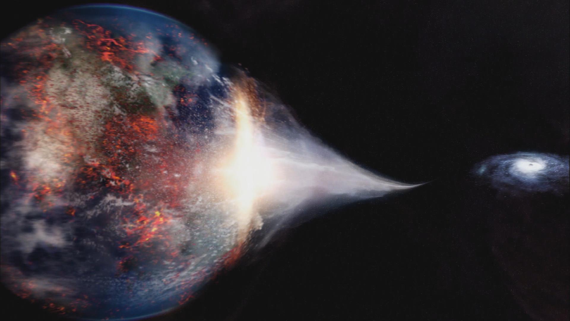 "Das Universum - Eine Reise durch Raum und Zeit: Architekten des Alls": Ein Planet wird von einem Schwarzem Loch angezogen und auseinandergerissen.