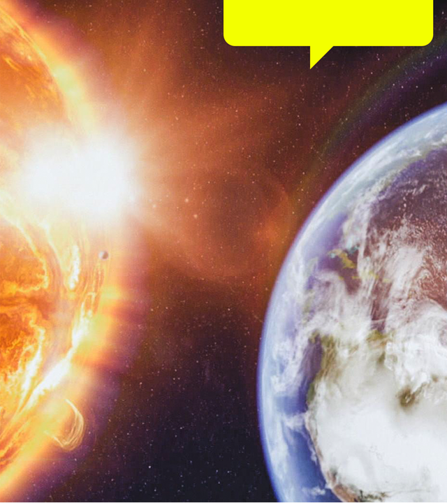 Computergrafik. Der Planet Erde ist in der Nähe der Sonne zu sehen.