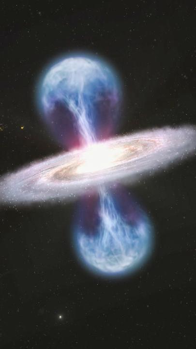 "Das Universum – Eine Reise durch Raum und Zeit: Das Zentrum der Milchstraße": Computeranimation. Aus einer Spirale im Universum aus Sternen und Staub stoßen oben und unten zwei blaue Wolken heraus.