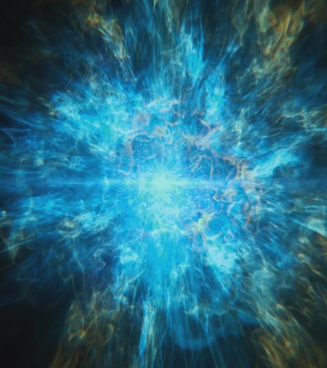 "Das Universum - Eine Reise durch Raum und Zeit: Der Anfang": Bläuliche Lichtstrahlen auf schwarz.