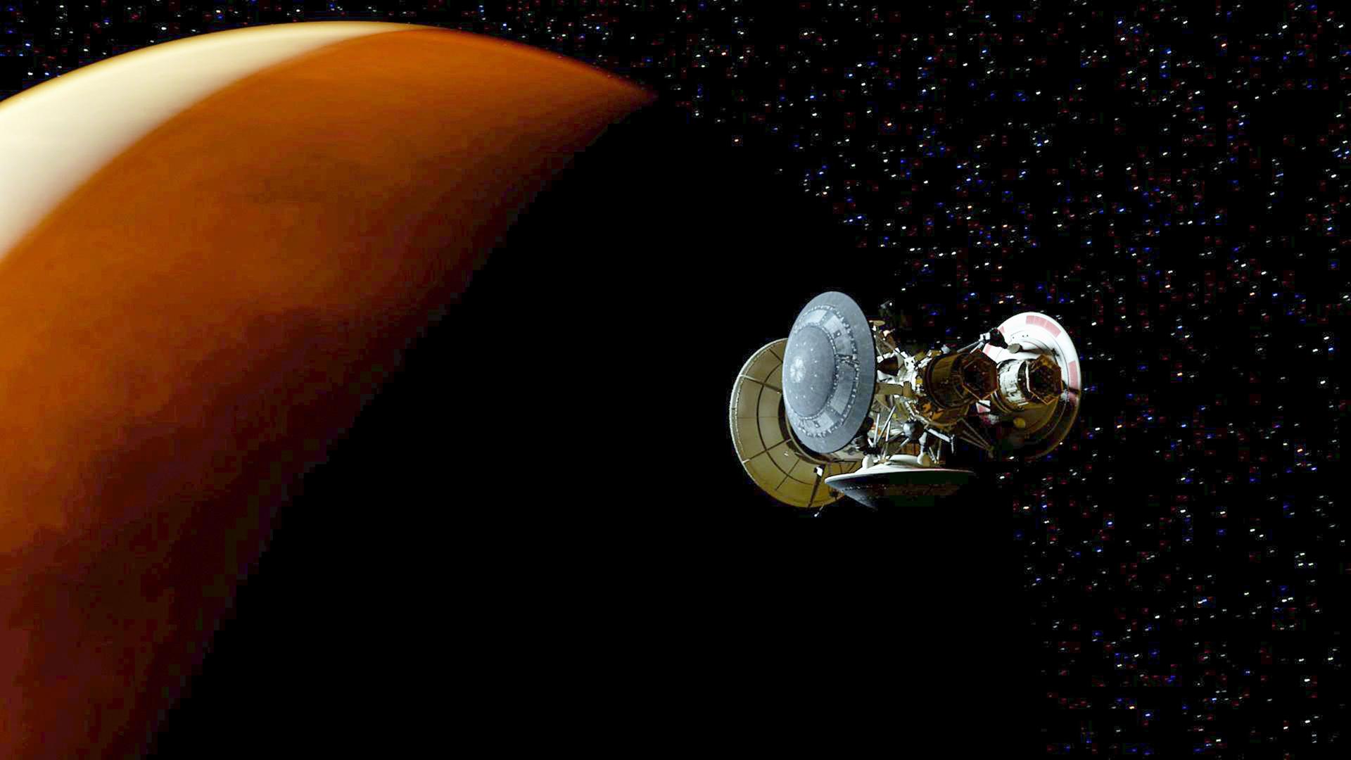 "Das Universum - Eine Reise durch Raum und Zeit Folge: Die Venus": Modellbild einer Sonde in Flugrichtung Venus.