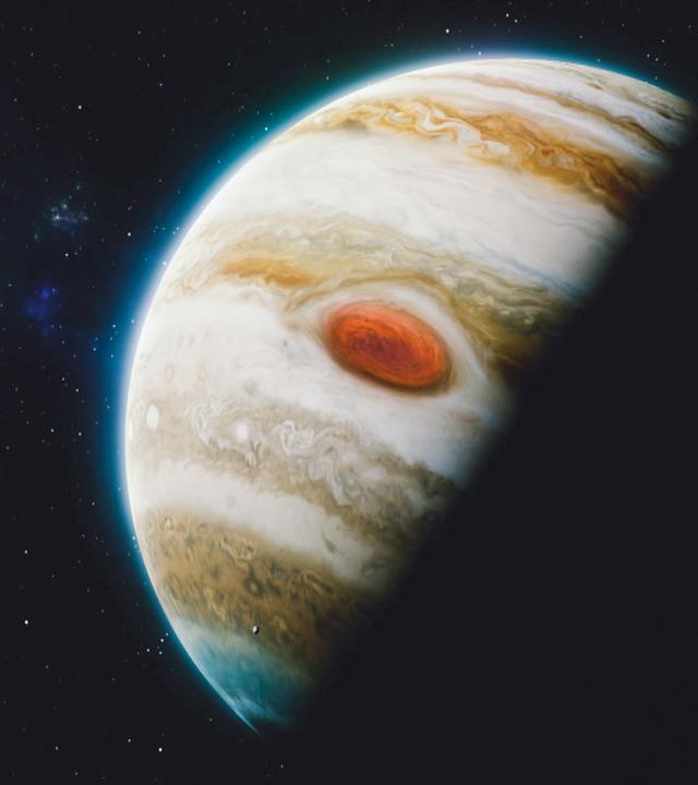 Computeranimation. Ein Planet ist im Halbschatten zur Hälfte zu sehen. Er ist weiß-bräunlich gestreift und hat einen großen roten Fleck. Im Hintergrund ist ein Mond zu sehen.