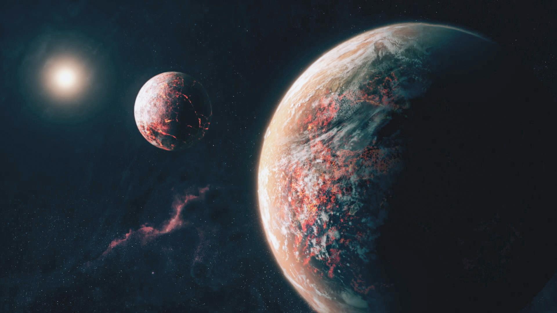 Computergrafik. Zwei Himmelskörper sind nebeneinander im Weltall und glühen. Im Hintergrund ist die Sonne zu sehen.