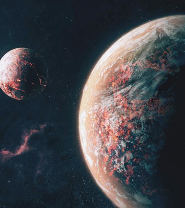 Computergrafik. Zwei Himmelskörper sind nebeneinander im Weltall und glühen. Im Hintergrund ist die Sonne zu sehen.