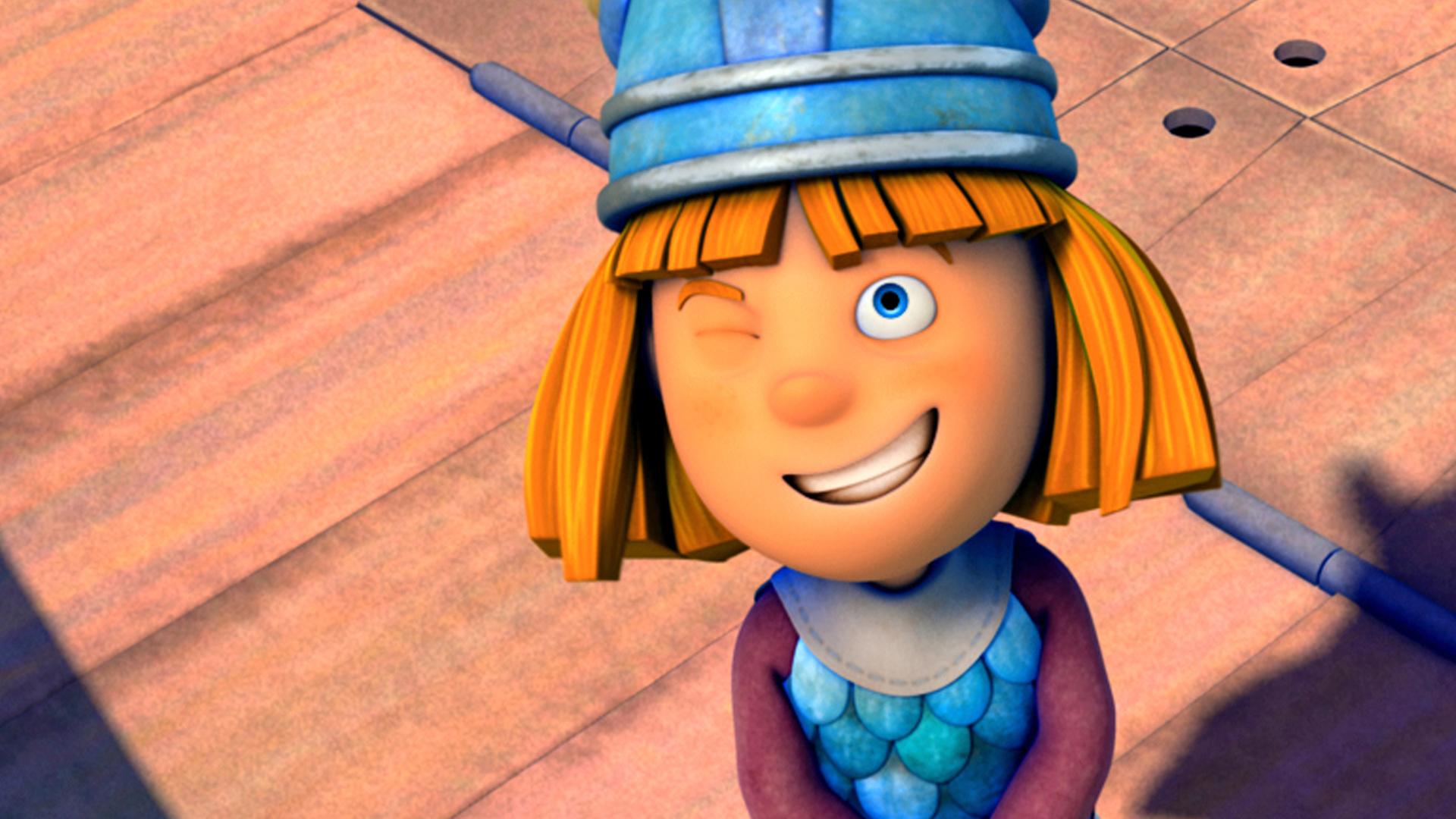 Wickie steht mit gefesselten Händen auf dem Schiff und trickst damit alle aus.