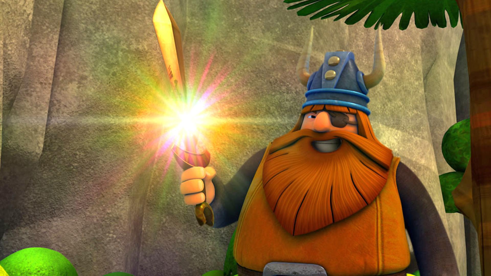 Halvar hält in der rechten Hand ein leuchtendes Schwert. Er sieht zufrieden aus.