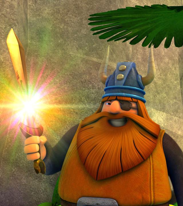 Halvar hält in der rechten Hand ein leuchtendes Schwert. Er sieht zufrieden aus.