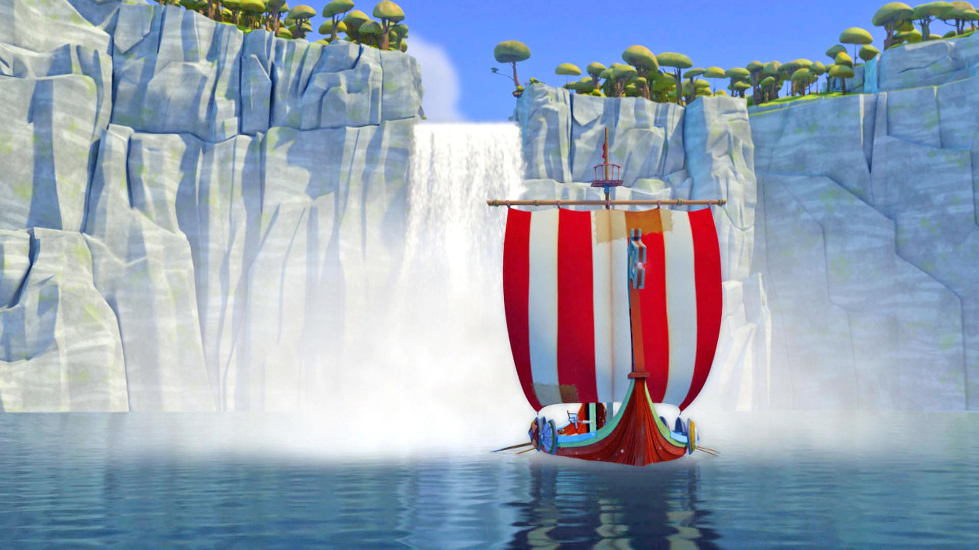 Die Wikinger rudern mit ihrem Schiff vom großen Wasserfall hinter ihnen weg.