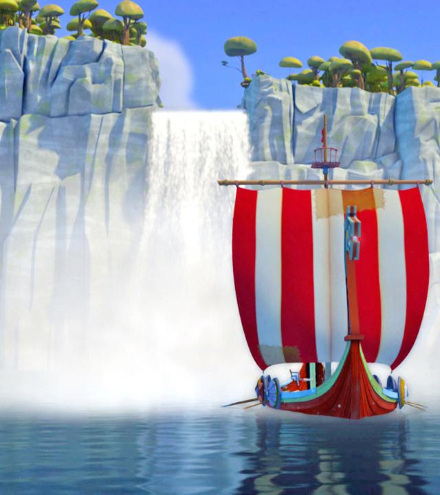 Die Wikinger rudern mit ihrem Schiff vom großen Wasserfall hinter ihnen weg.