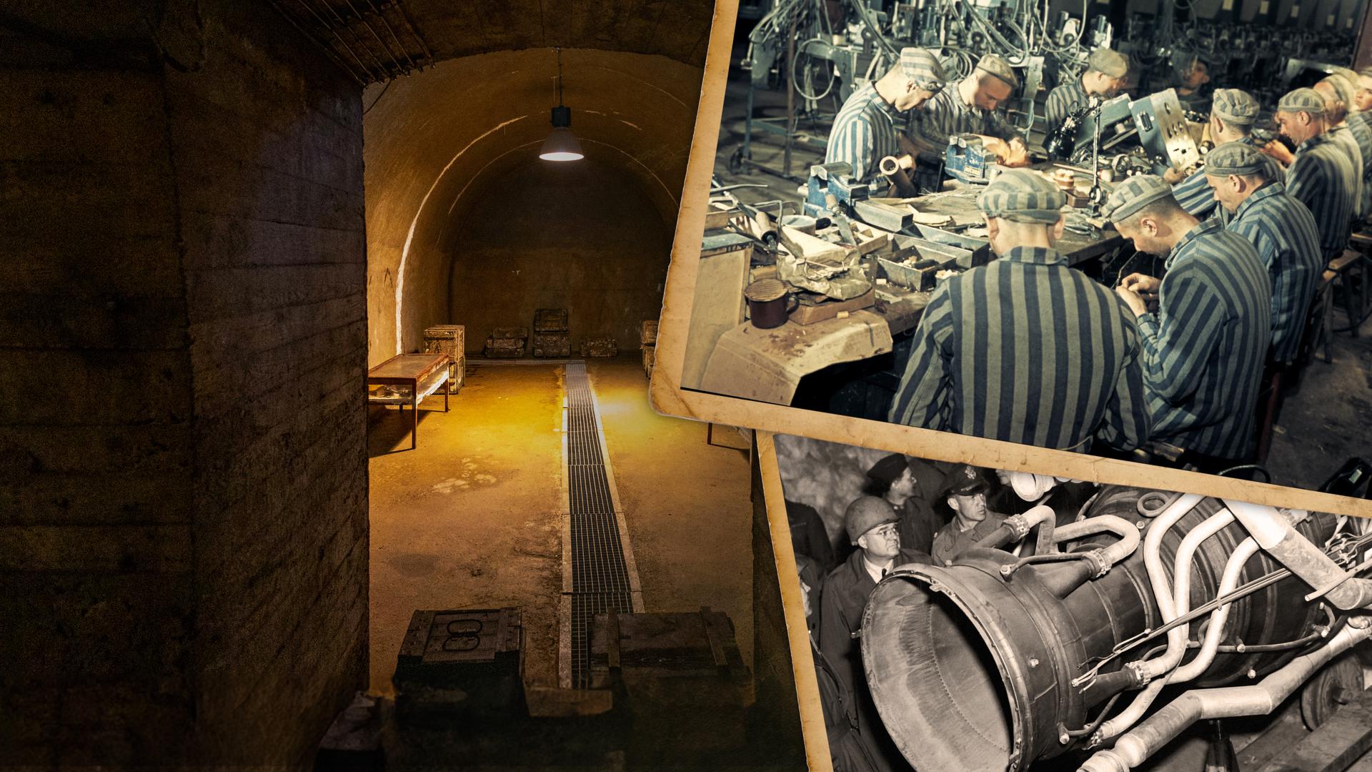 Ein Blick ins innere der Bunkeranlage Riese (Waldenburg) dazu alte Aufnahmen von Zwangsarbeitern und einer in den Anlagen gebauten Rakete.