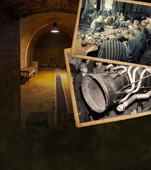 Ein Blick ins innere der Bunkeranlage Riese (Waldenburg) dazu alte Aufnahmen von Zwangsarbeitern und einer in den Anlagen gebauten Rakete.