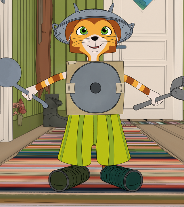 Findus will das Zischmonster stellen und es fangen – Pettersson hat Findus eine Art Schutzkleidung gegeben.