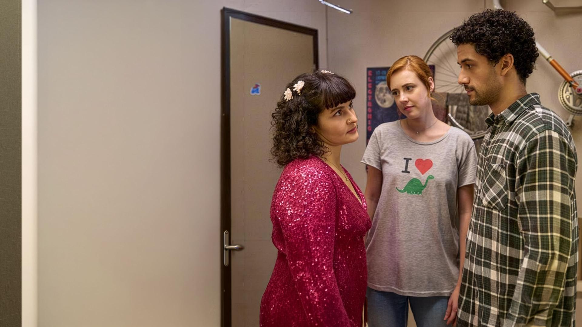 "Ich dich auch! - Das Zwiebelfest": Jackie (Nagmeh Alaei) steht im roten Glitzerkleid und schön frisiert mit Caro (Meriel Hinsching) und Yannik (Rojan Juan Barani) in einem Raum. Beide schauen liebevoll auf Jackie.