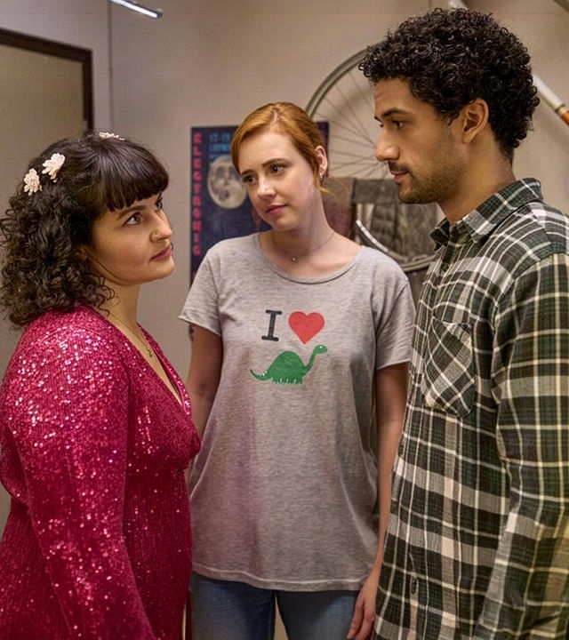 "Ich dich auch! - Das Zwiebelfest": Jackie (Nagmeh Alaei) steht im roten Glitzerkleid und schön frisiert mit Caro (Meriel Hinsching) und Yannik (Rojan Juan Barani) in einem Raum. Beide schauen liebevoll auf Jackie.