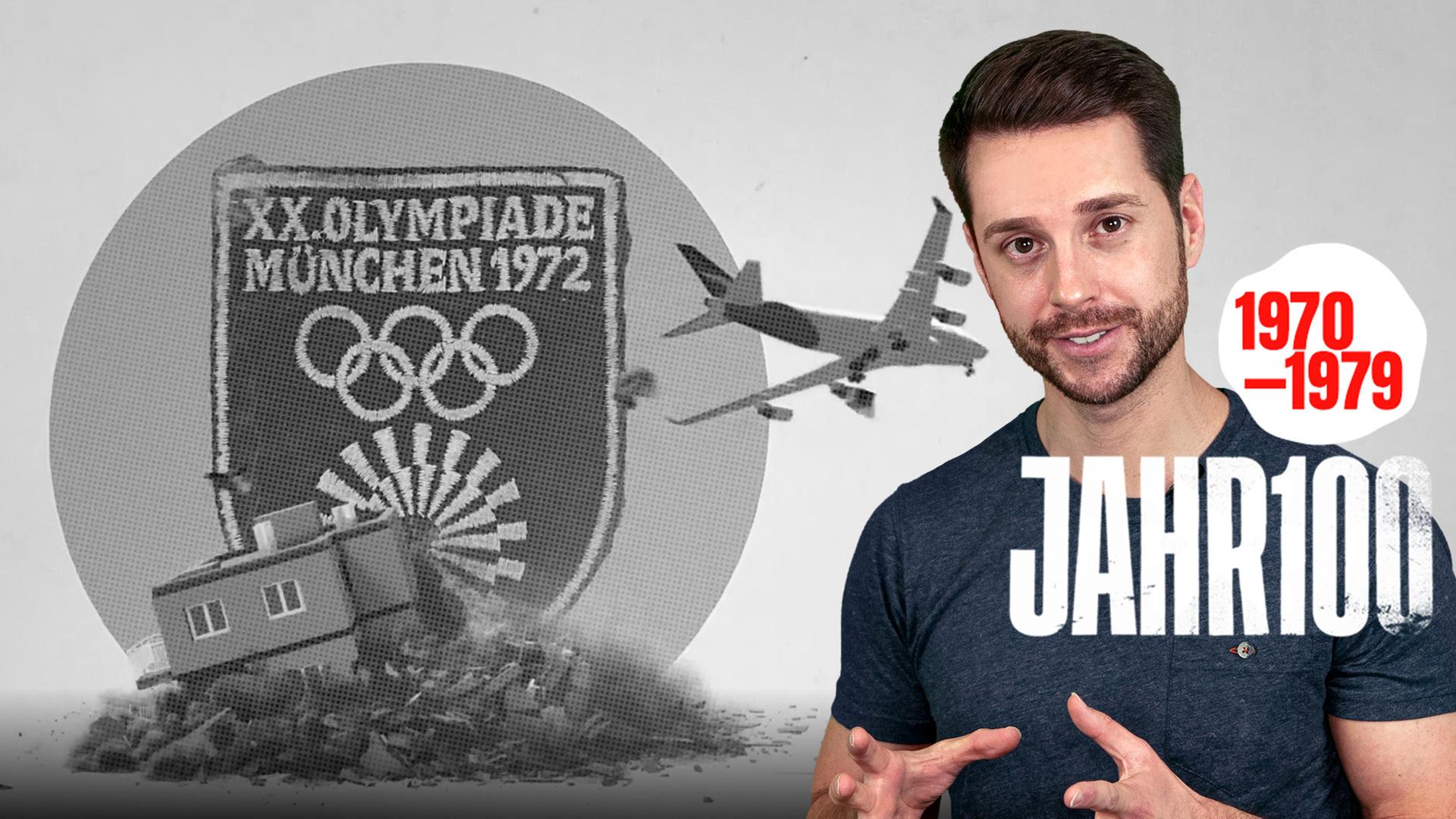 Mirko Drotschmann - im Hintergrund ein Wappen der Olympischen Spiele 1972 und ein zusammenstürzendes Haus und ein abstürzendes Flugzeug
