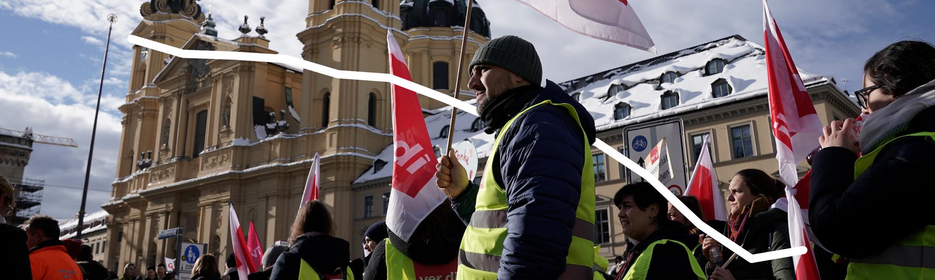 Das Symbolbild zeigt einen Verdi-Streik und eine Mitgliederkurve des DGB