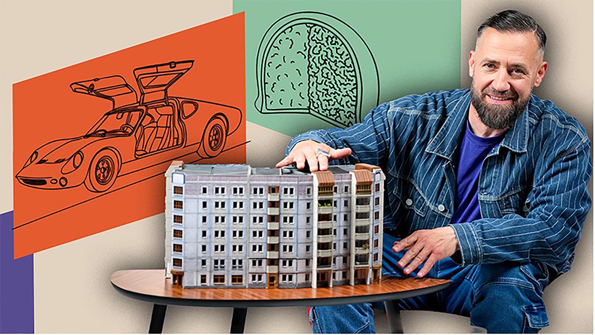 Ein bunte Collage mit Graphiken und dem Musiker Bürger Lars Dietrich, der auf ein Modell eines Plattenbaus zeigt. 