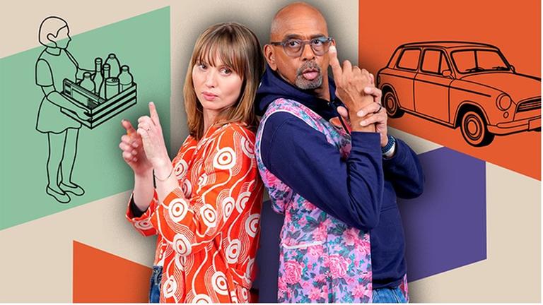 Ein bunte Collage mit Graphiken und der Influencerin Tina Goldschmidt und dem Schauspieler Pierre Sanoussi-Bliss.