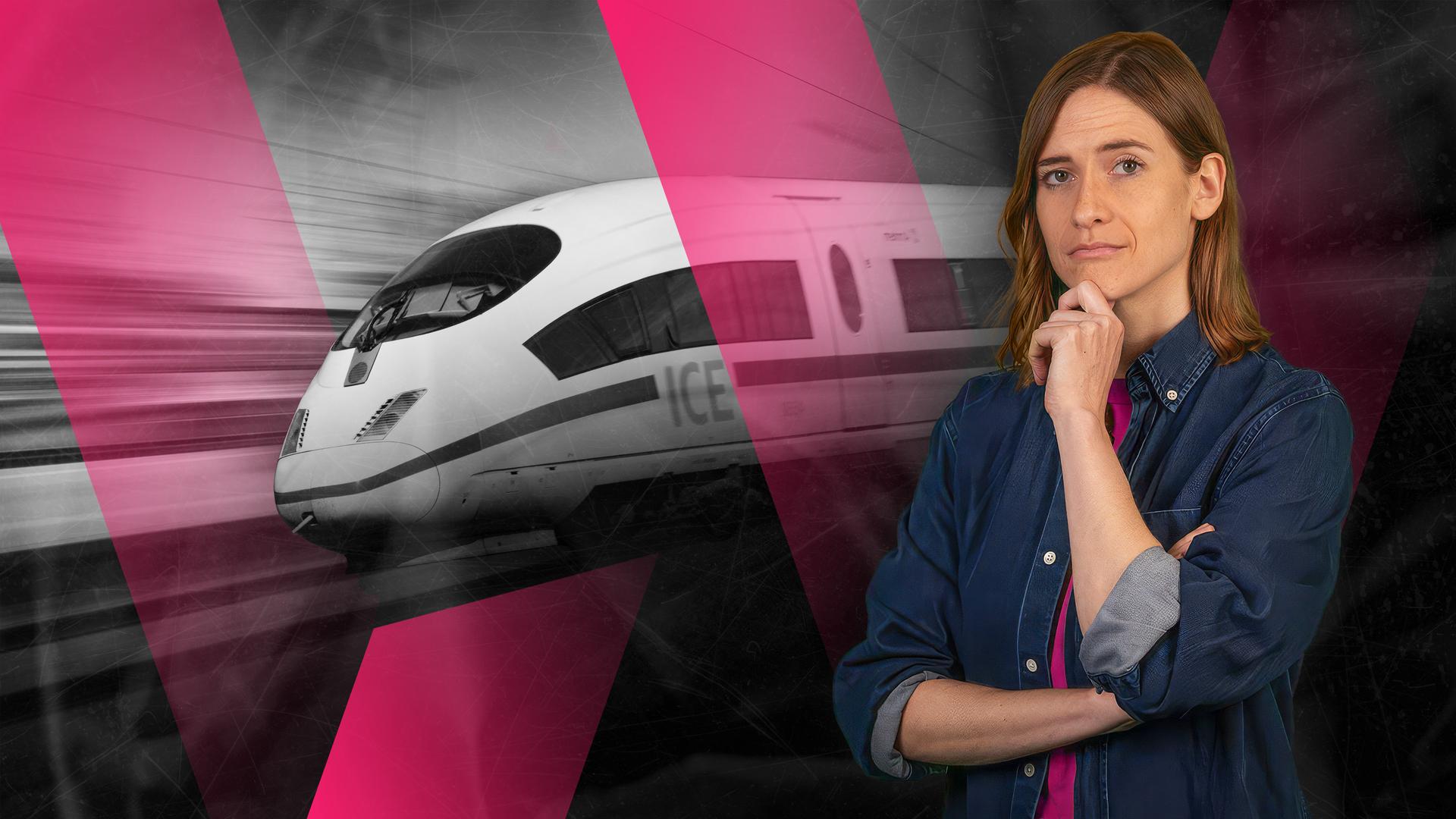 Das Bild zeigt WISO-Reporterin Karen Grass, die nachdenklich mit der Hand am Kinn in die Kamera blickt. Im Hintergrund ist ein schnell fahrender ICE-Zug zu sehen, teilweise verschwommen, mit grafischen pinkfarbenen Elementen, die Dynamik und Spannung erzeugen und das Thema Bahnverkehr visuell unterstreichen.