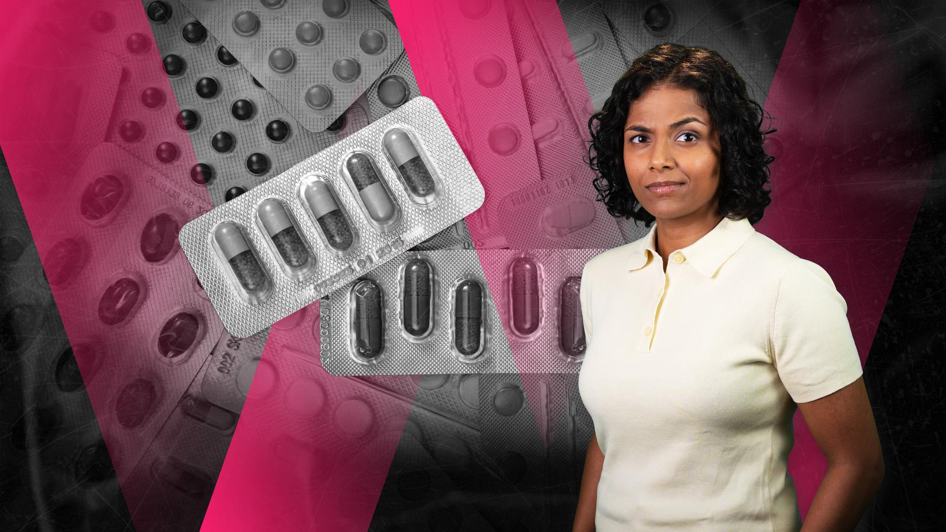 Kaja Adchayan mit Tabletten im Hintergrund