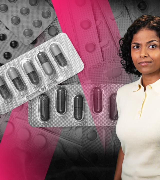 Kaja Adchayan mit Tabletten im Hintergrund