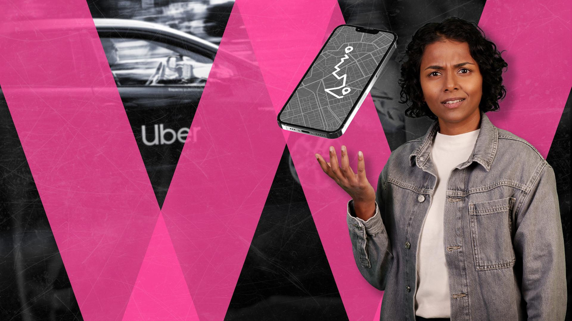 Kaja Adchayan steht vor einem grafischen Hintergrund in Pink und Schwarz. Neben ihr schwebt ein Smartphone mit einer Navigationskarte, im Hintergrund ist unscharf ein Auto und das Uber-Logo zu erkennen. Sie schaut skeptisch und hält eine Hand leicht erhoben, als würde sie die Funktionsweise oder die Folgen von Fahrdienst-Apps hinterfragen.