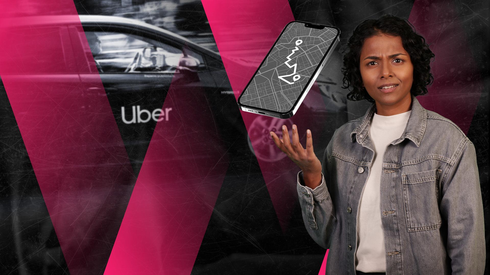 Kaja Adchayan steht vor einem grafischen Hintergrund in Pink und Schwarz. Neben ihr schwebt ein Smartphone mit einer Navigationskarte, im Hintergrund ist unscharf ein Auto und das Uber-Logo zu erkennen. Sie schaut skeptisch und hält eine Hand leicht erhoben, als würde sie die Funktionsweise oder die Folgen von Fahrdienst-Apps hinterfragen.