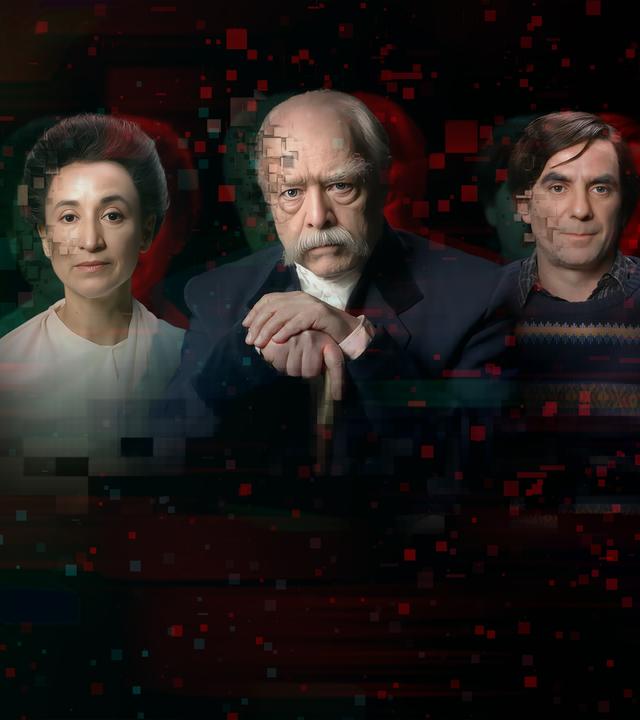 Vor einem schwarzen Hintergrund sind Rosa Luxemburg, Otto von Bismarck und Rudi Dutschke im Porträt zu sehen. Sie schauen ernst aber freundlich in die Kamera.