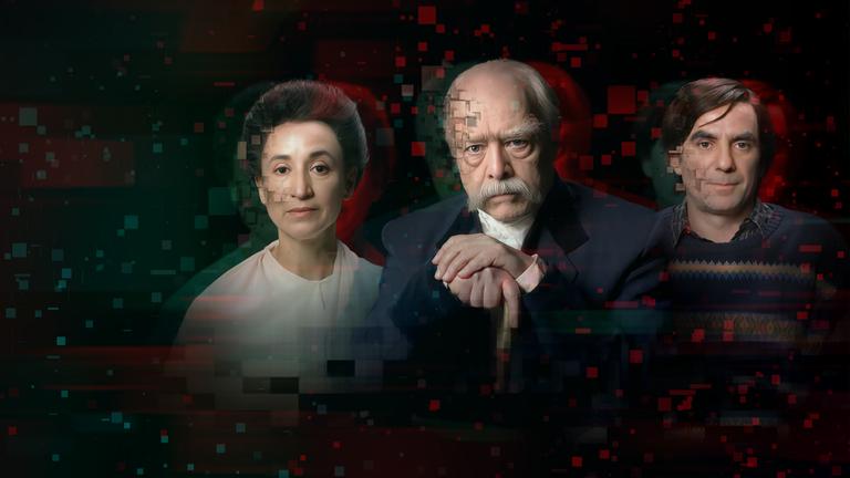 Vor einem schwarzen Hintergrund sind Rosa Luxemburg, Otto von Bismarck und Rudi Dutschke im Porträt zu sehen. Sie schauen ernst aber freundlich in die Kamera.