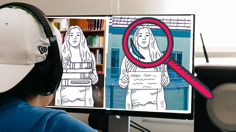 Junge vor dem PC, zwei Bilder, eines davon gefaket, große Lupe