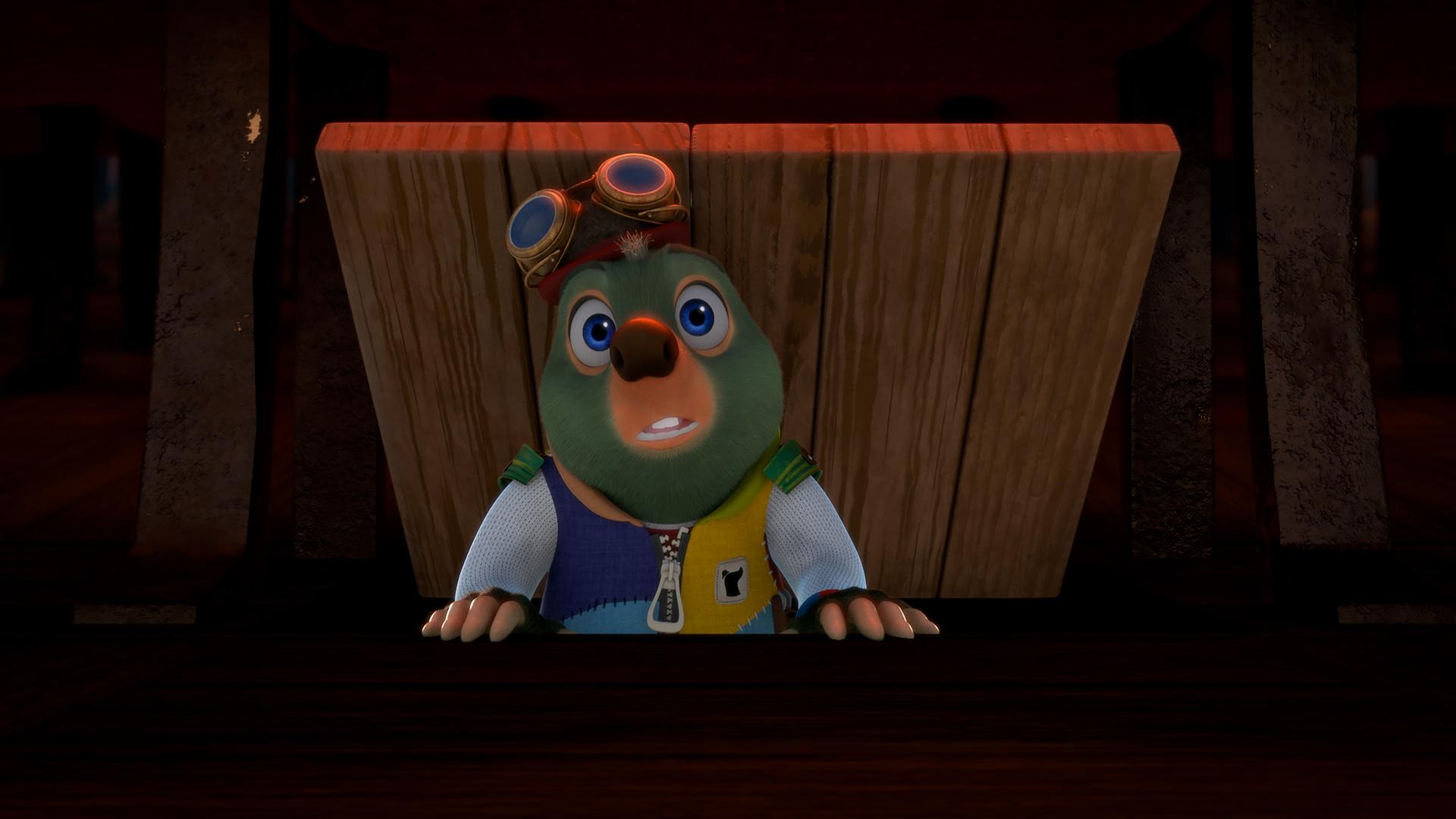 Moley schaut durch eine halbgeöffnete Bodenklappe und blickt sehr erstaunt auf das, was er da sieht.