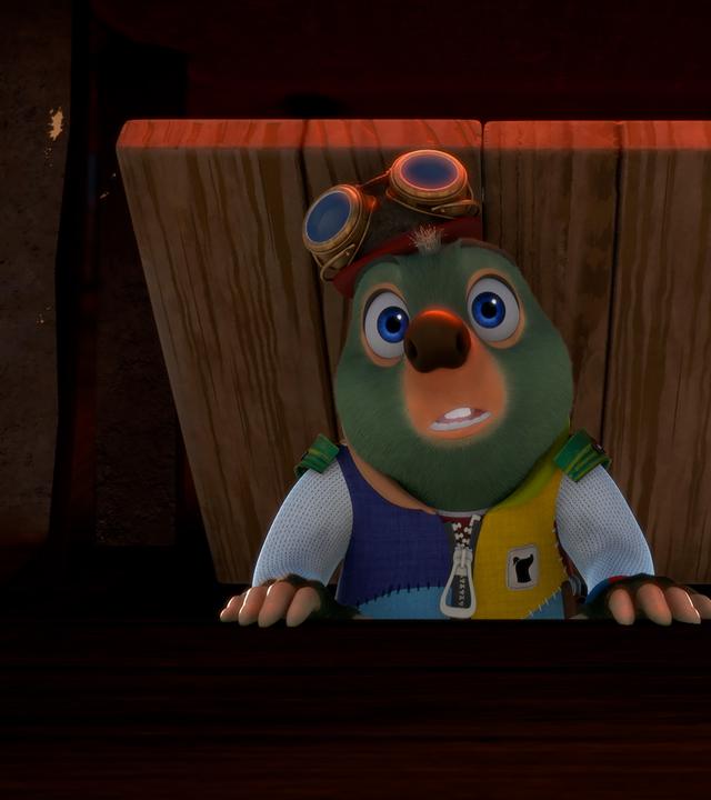 Moley schaut durch eine halbgeöffnete Bodenklappe und blickt sehr erstaunt auf das, was er da sieht.