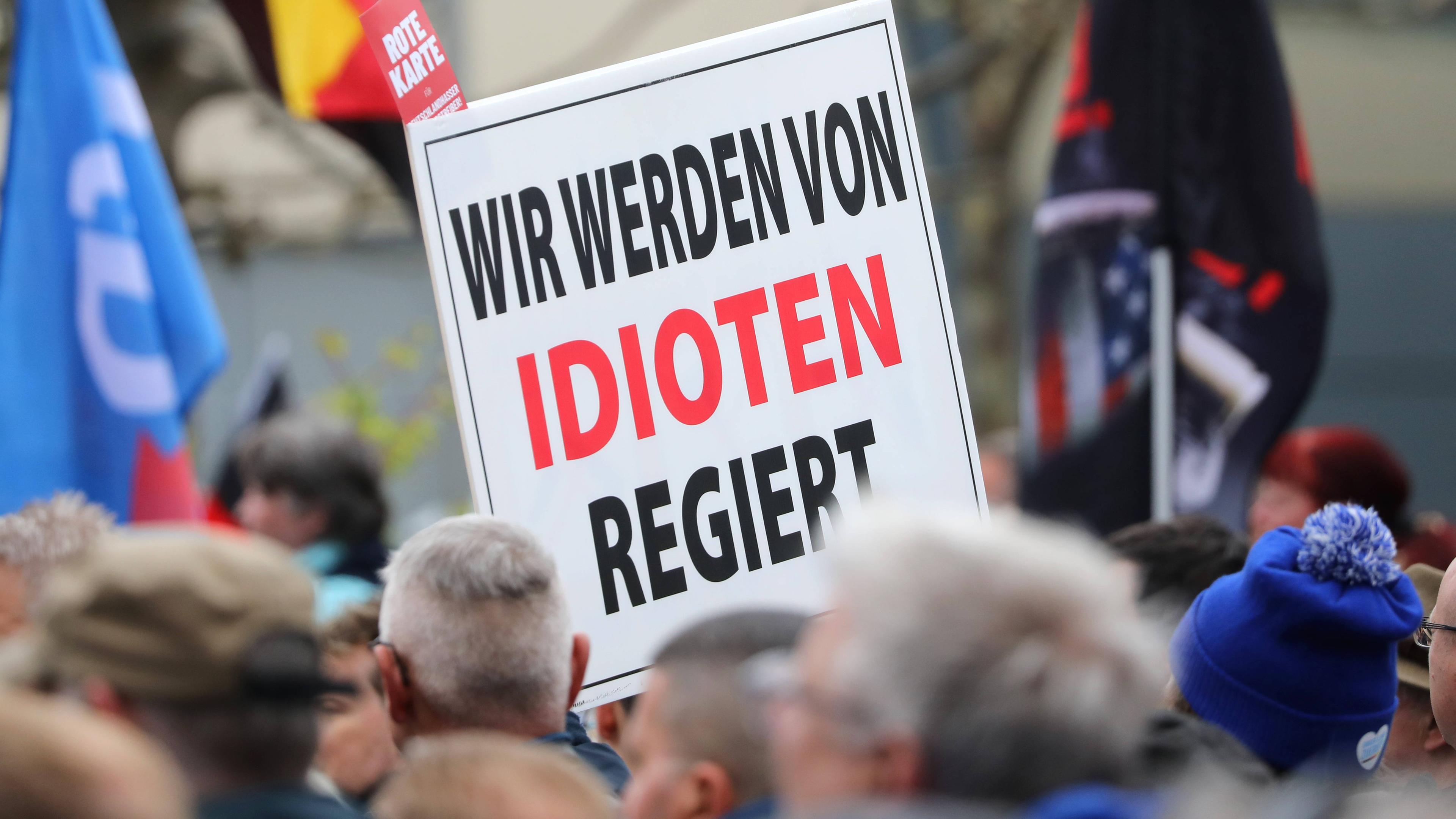 Plakat mit der Aufschrift "Wir werden von Idioten regiert" auf Demonstration der AfD in Erfurt