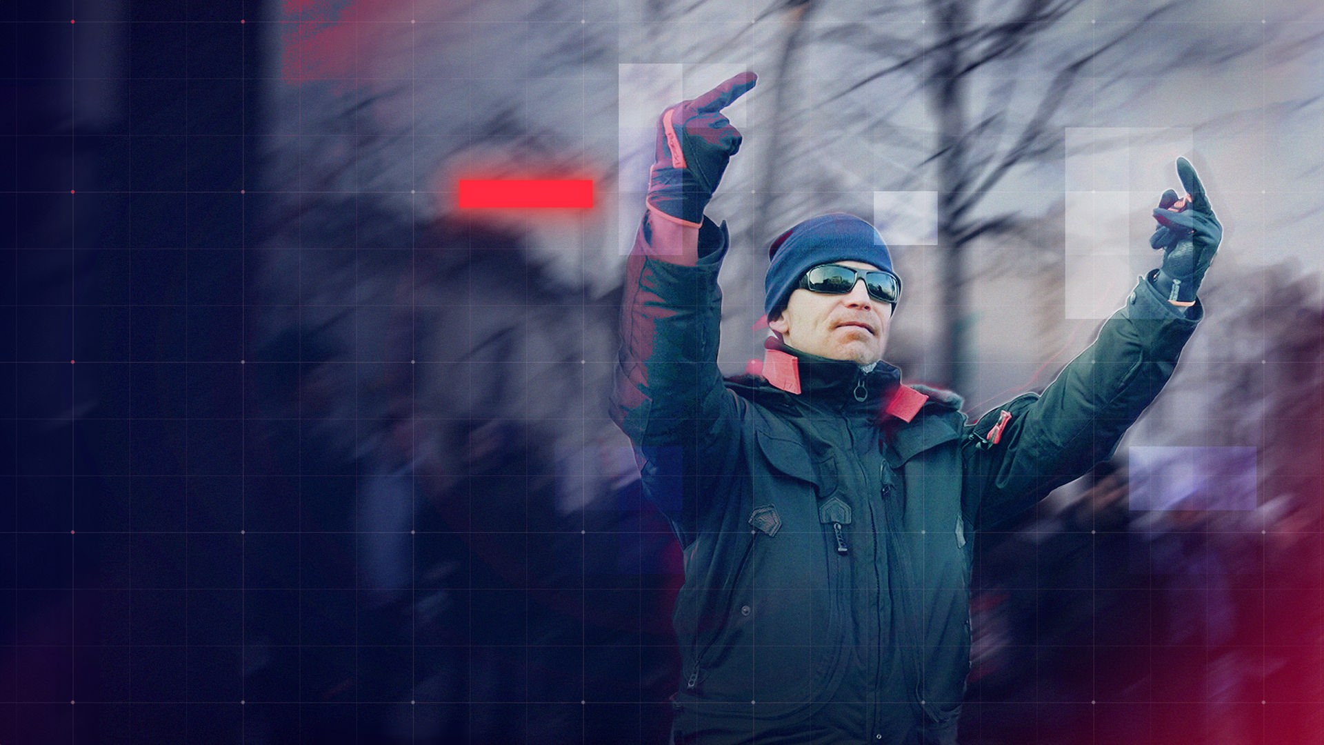 Mann mit Mütze, Sonnenbrille und erhobenen Zeigefingern auf Demo "Antifa means: Free Palestine"  am 17. Januar 2026 in Leipzig Connewitz 