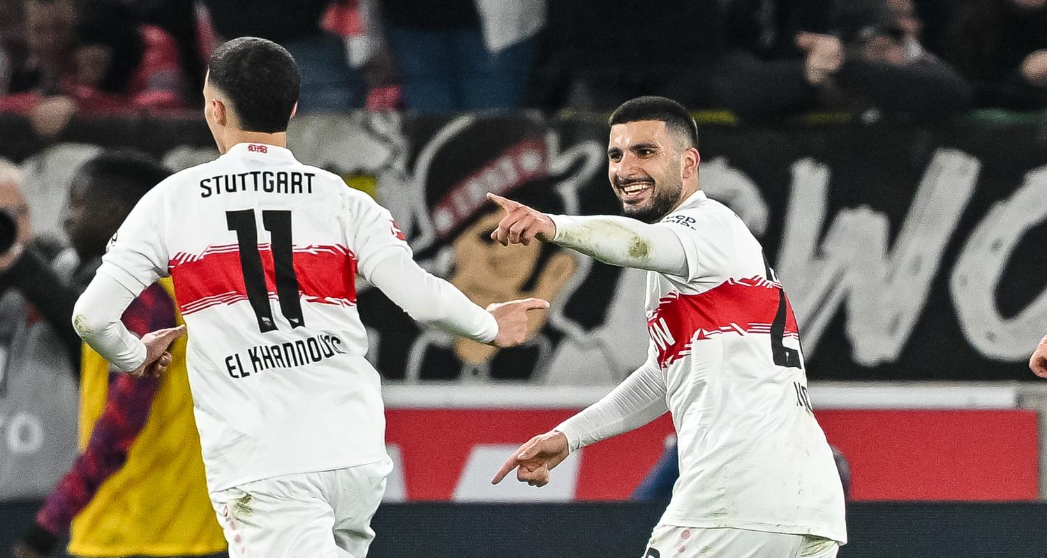 Bilal El Khannouss und Torschütze Deniz Undav jubeln nach dem Tor zum 1:0 am 15.03.2026 in Stuttgart.