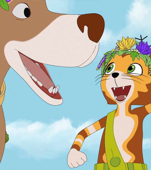 Findus und Hund Harpo tanzen fröhlich um den Mittsommerbaum.