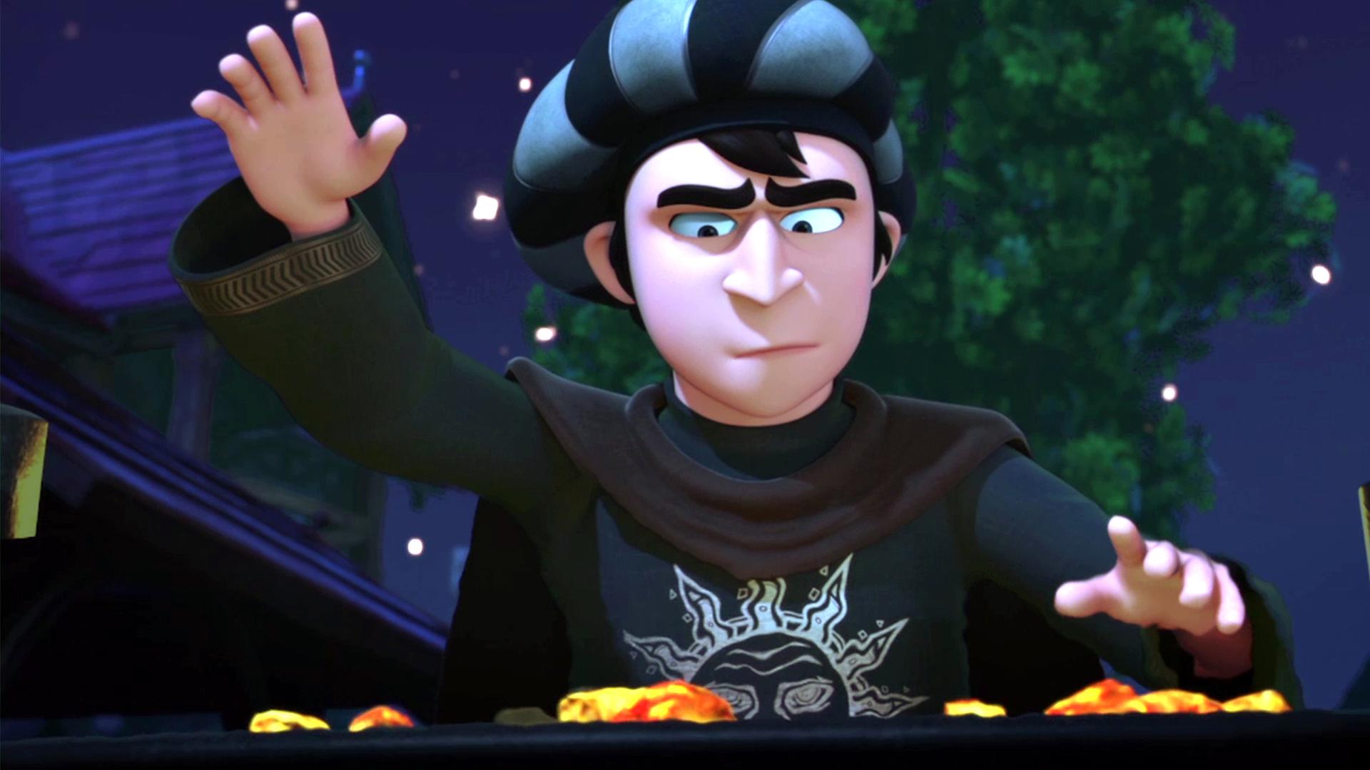 Der Astrologe hat die rechte Hand erhoben, die linke Hand schwebt über schwacher Glut. Auf seinem Gewand ist eine Sonne zu sehen.