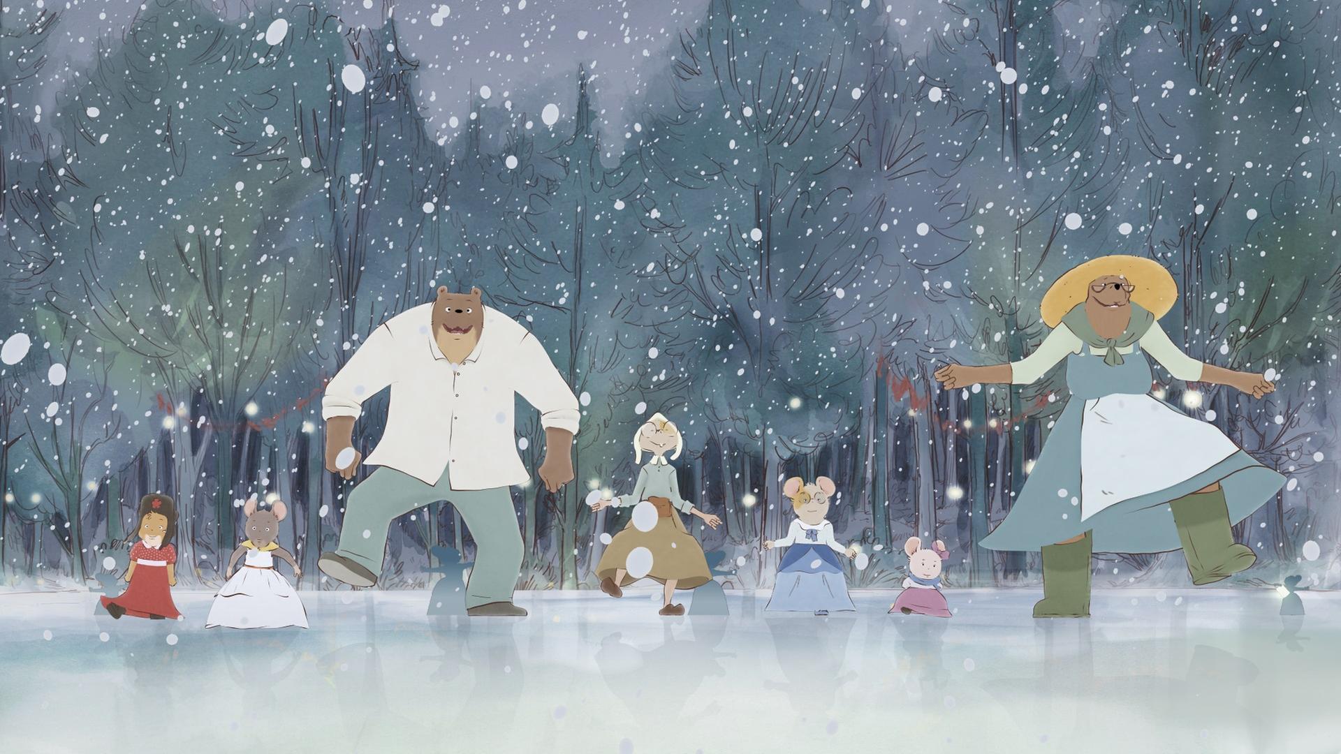 Mandarine, Celestine, Ernest, die Schneiderin, Melusine, Margotine und Madame Tulipe stehen nebeneinander auf dem Eis. Sie tragen ihre Ballkleider und während es schneit, tanzen sie auf einem zugefrorenen See.