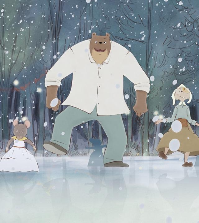 Mandarine, Celestine, Ernest, die Schneiderin, Melusine, Margotine und Madame Tulipe stehen nebeneinander auf dem Eis. Sie tragen ihre Ballkleider und während es schneit, tanzen sie auf einem zugefrorenen See.