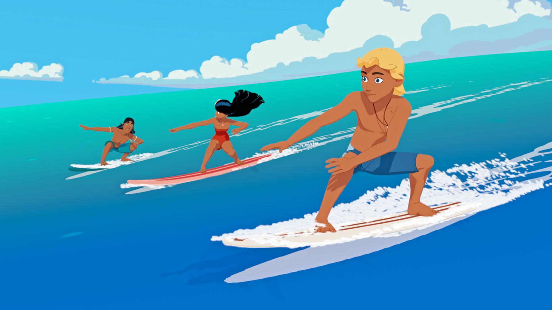 Auru, Timeti und Yann surfen gemeinsam.