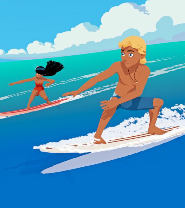 Auru, Timeti und Yann surfen gemeinsam.